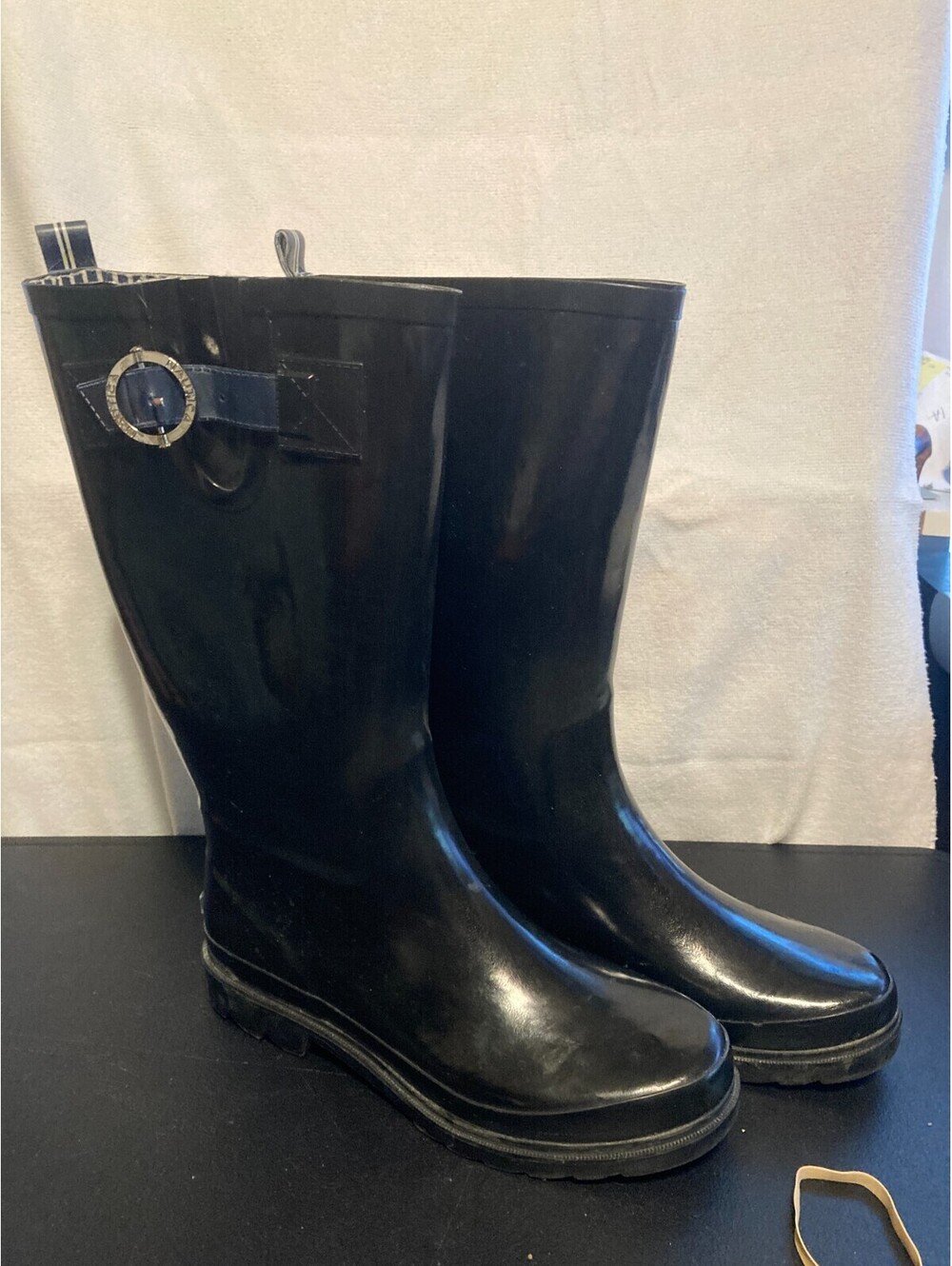 NAUTICA Black Lovise Rain Boots Silver Buckle Blue Stripe Lining Women's Size 7